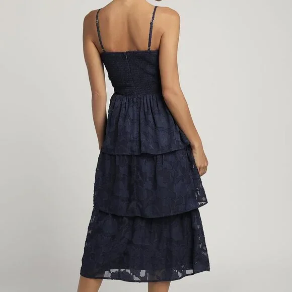NWT Grace and Beauty Navy Blue Burnout Floral Print Tiered Dress - Picture 3 of 9